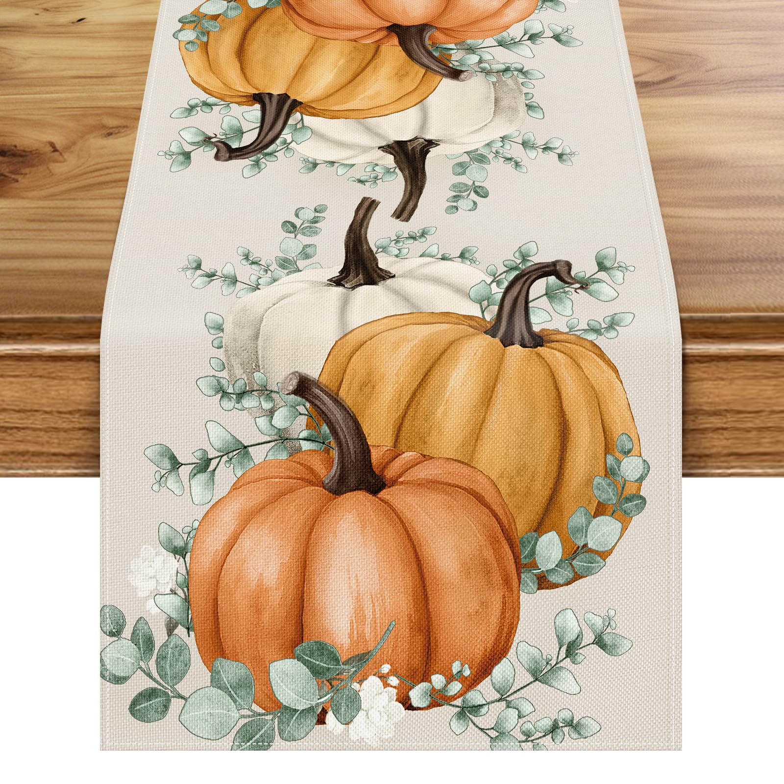 Fall Pumpkin & Eucalyptus Table Runner — 13x72