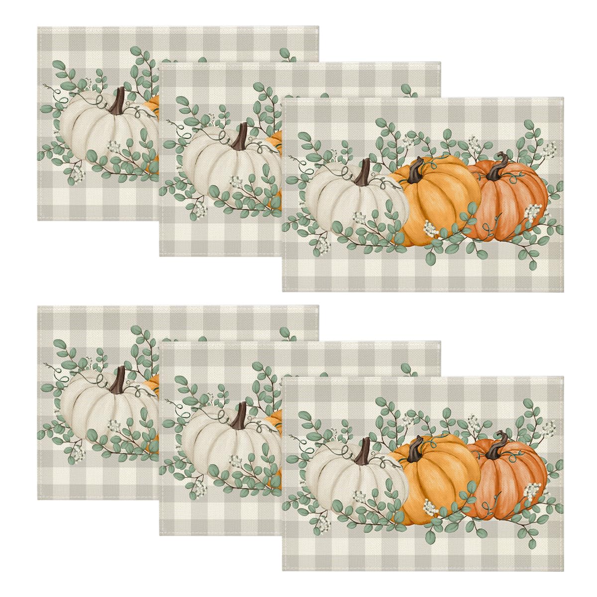 Orange Pumpkin & Eucalyptus Fall Placemats — Set of 6, 12x18