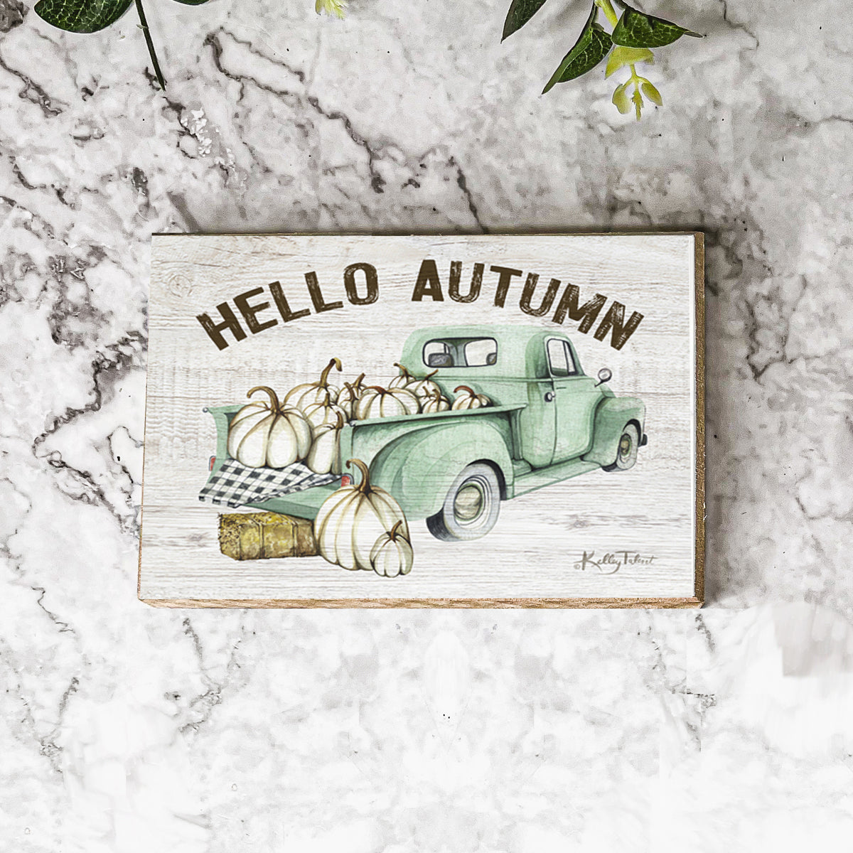 Teal Vintage Truck Hello Autumn Sign - Fall Halloween Decor, Neutral Farmhouse